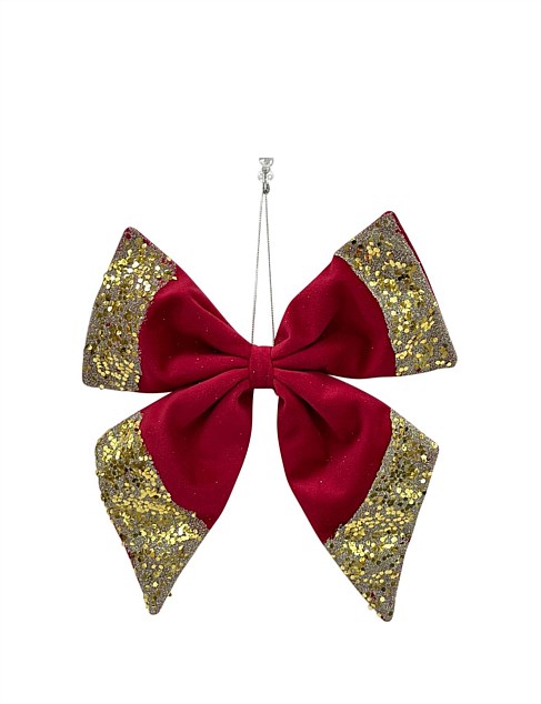 20CM GLITTERED RED FABRIC BOW ORNAMENT