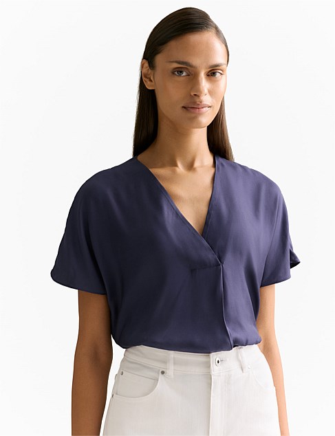 Draped Twill V Neck Top