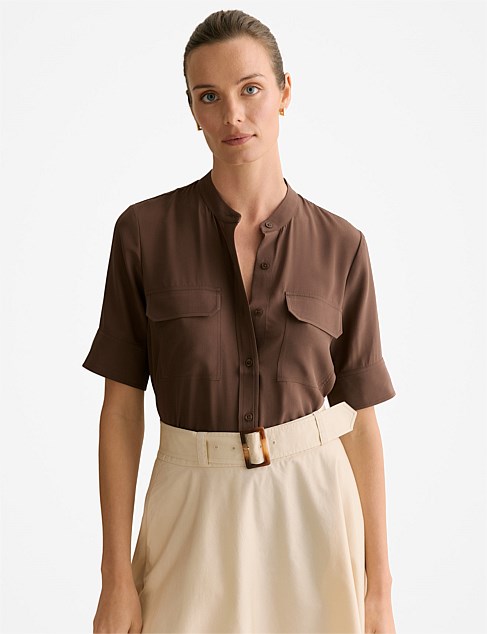 Silk Collarless Pocket Detail Shirt