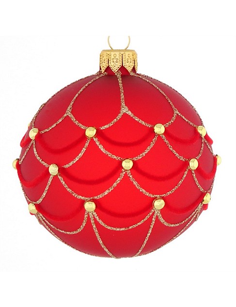 8cm Semi-Transparent Red Embellished European Glass Bauble