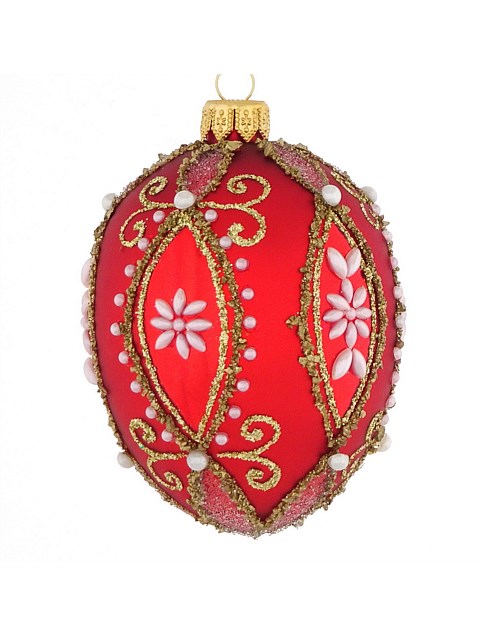 8cm Red Egg Embellished Pearl European Glass Bauble