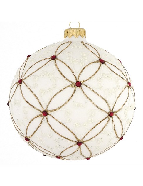 12cm White European Glass Bauble with Gold Net