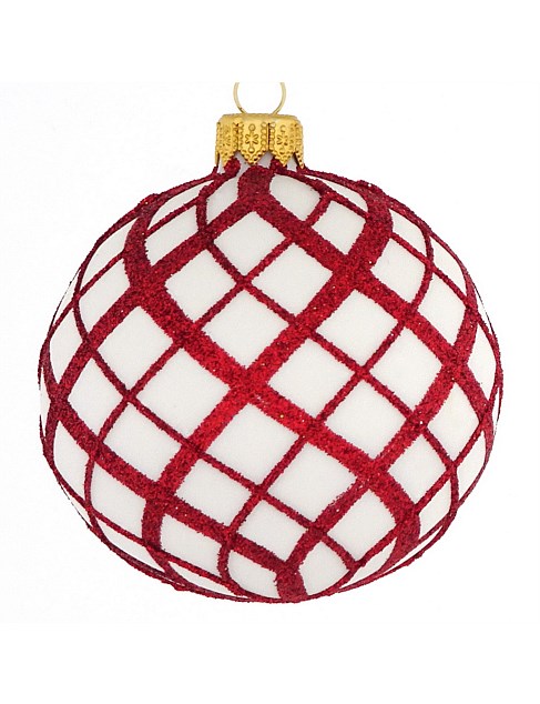 8cm White European Glass Bauble with Red Net