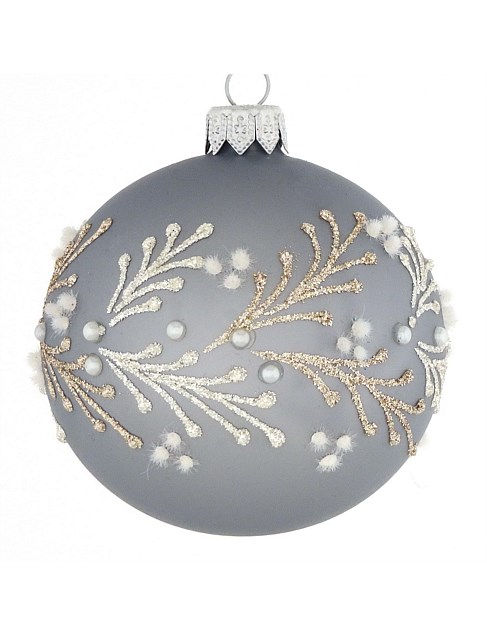 8cm Grey European Glass Bauble with Gold Branches