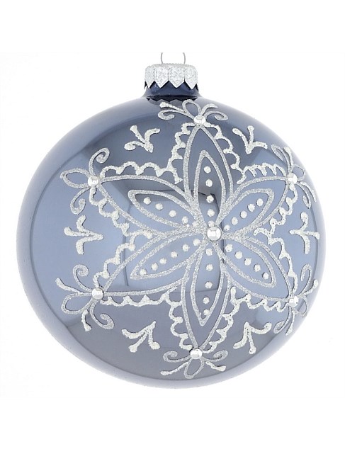 12cm Grey European Glass Bauble With Snowflake Detail