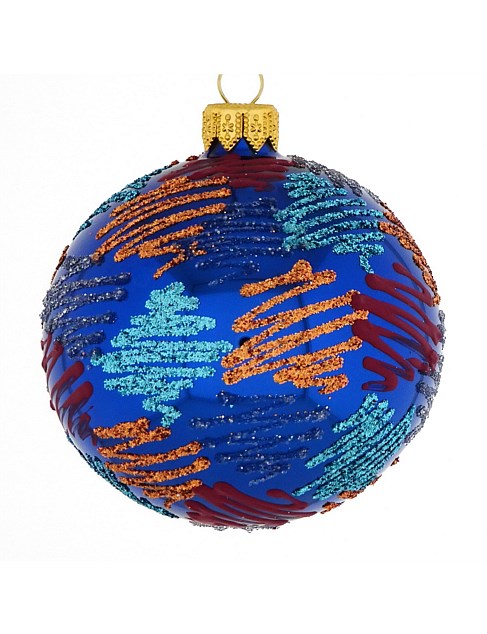 8cm Navy European Glass Bauble with Multicolour Decor