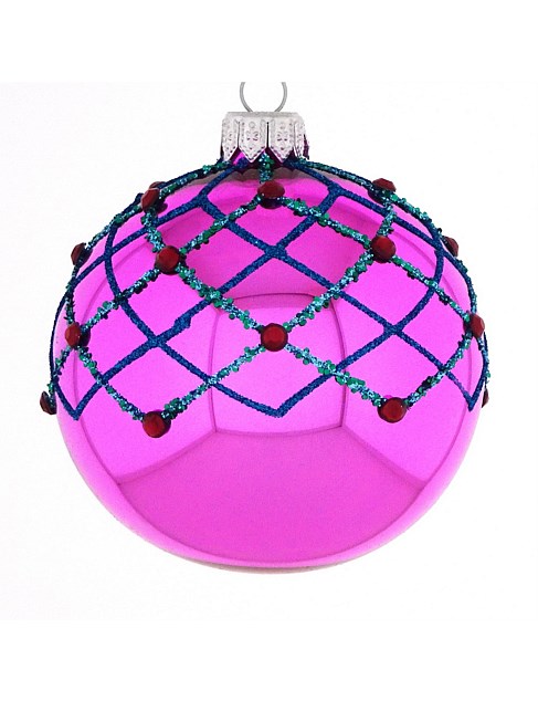 8cm Pink European Glass Bauble with Multicolour Detail