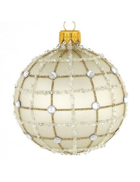 8cm Beige European Glass Bauble with Gold Net And Crystals