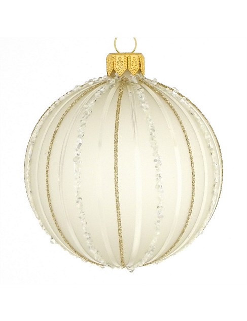 8cm Beige European Glass Bauble with Gold Stripes