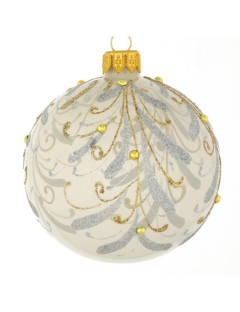 8cm Beige Pearl European Glass Bauble with Gold Branches