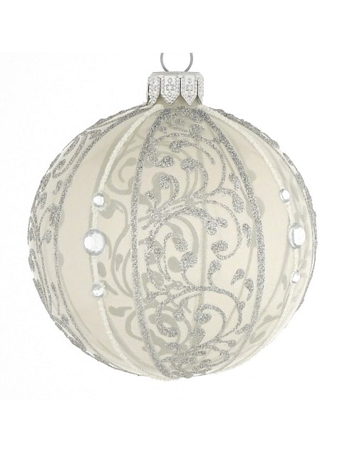 8cm Beige Embellished European Glass Bauble