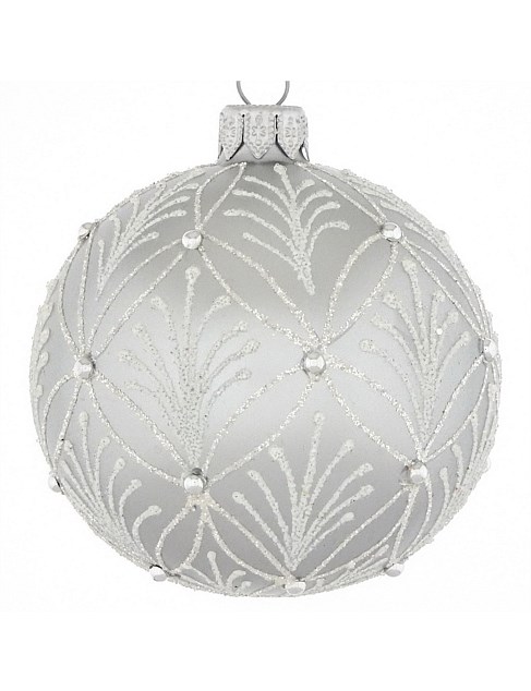 12cm Grey European Glass Bauble with Silver Pearl Detail