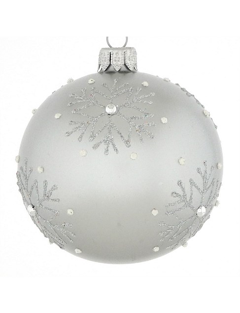 8cm Grey Pearl European Glass Bauble with Snowflake Detail