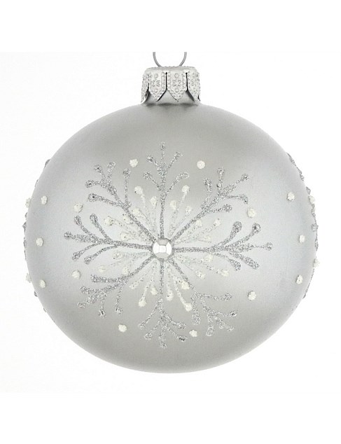 8cm Grey European Glass Bauble with Snowflake Detail