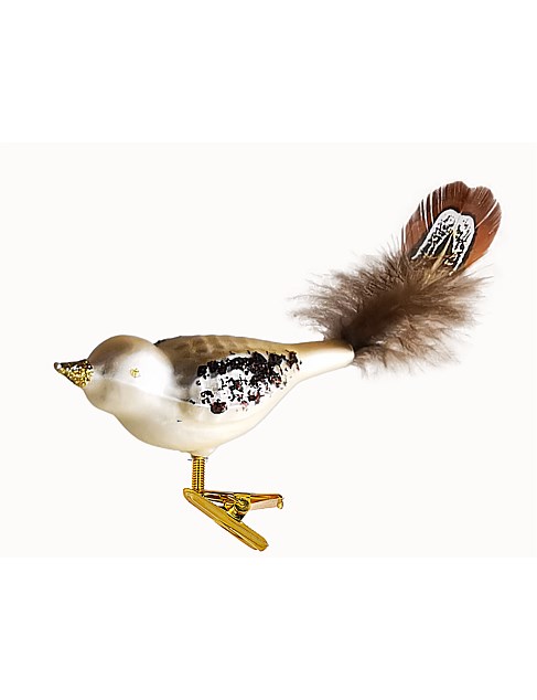 12CM CHAMPAGNE & MOCHA EUROPEAN GLASS BIRD CLIP ON ORNAMENT