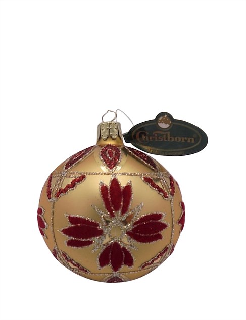 8CM HAND DECORATED RED FLOCK FLOWER ON GOLD GLASS BAUBLE