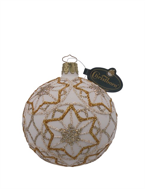 8CM HAND DECORATED GOLD STARS ON WHITE GLASS BAUBLE