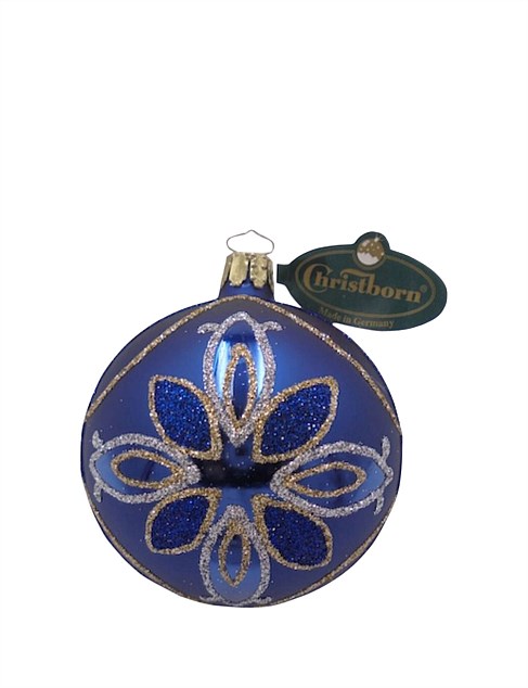 8CM HAND DECORATED GOLD GEO BURST ON BLUE GLASS BAUBLE