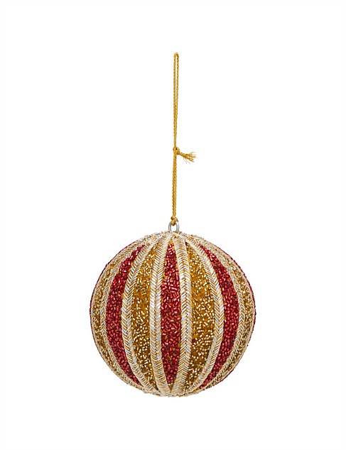 10CM CLASSIC BEADED STRIPED RED AND GOLD BAUBLE