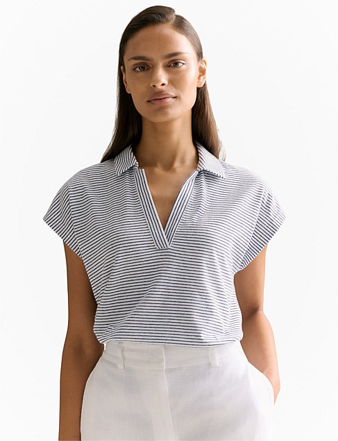 Linen Cotton Stripe Relaxed Cap Sleeve Polo