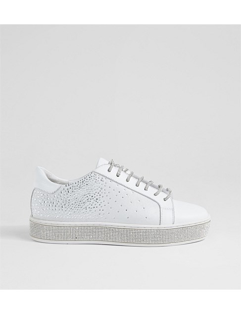 Pilarr White Silver Leather Jewels Sneakers