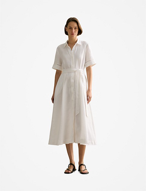 Linen Ladder Stitch Detail Short Sleeve Dress