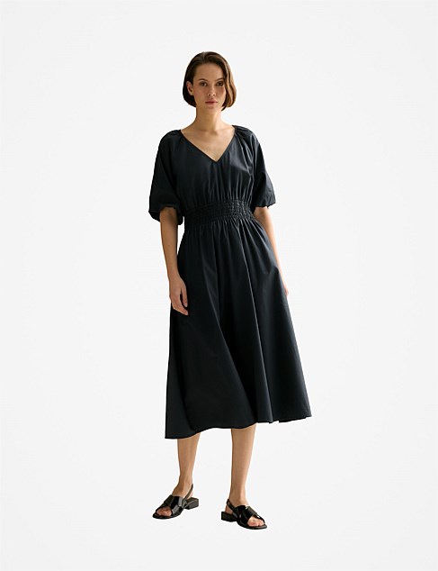 Cotton Sateen Shirred Waist Dress