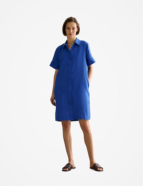 Linen Button Through Short Sleeve Shift Dress