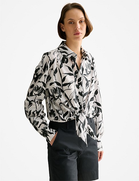 Cotton Poplin Floral Tie Front Shirt