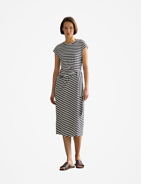 Cotton Stripe Gathered Tie Waist Dress