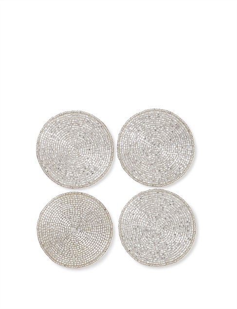 SILVER HAND EMBROIDERED BEADED COASTER SET OF 4