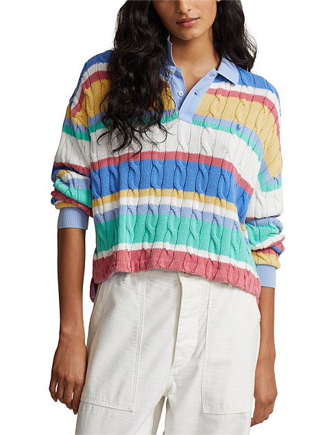 STRIPED CABLE LONG-SLEEVE POLO SHIRT