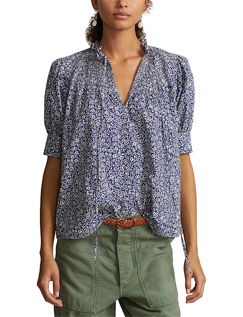 FLORAL SHIRRED COTTON POPLIN TOP