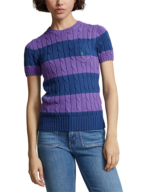 STRIPED CABLE-KNIT SHORT-SLEEVE SWEATER