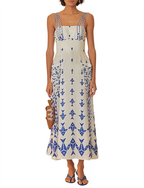 GRAPHIC FISHES OFF-WHITE MAXI DRESS