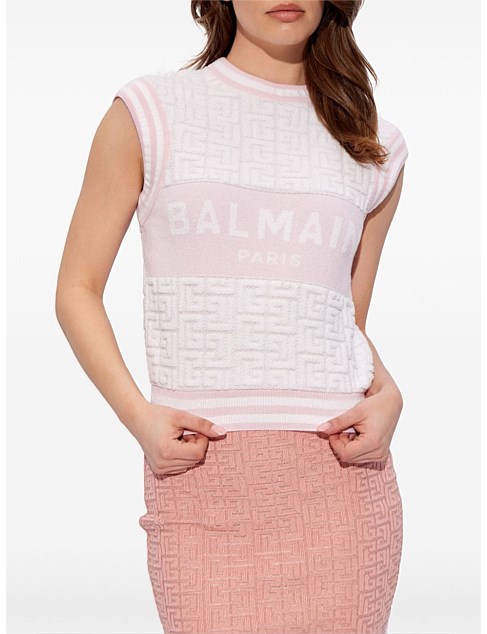 SLEEVELESS BALMAIN MONOGRAM SPONGE KNIT TOP