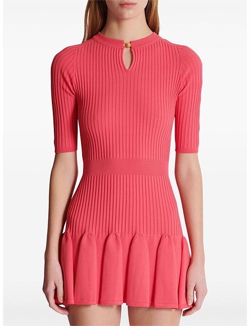 ROUND NECK PLEATED KNIT SKATER MINI DRESS