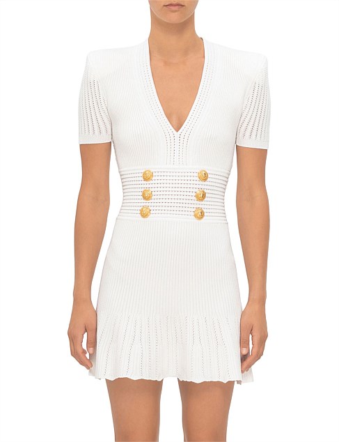 SHORT SLEEVE V-NECK PLEATED KNIT MINI DRESS