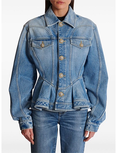 BUTTONED LIGHT BLUE RUFFLED DENIM JACKET