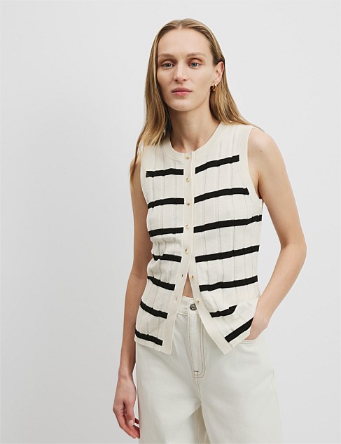 Organically Grown Cotton Linen Stripe Button Front Tank