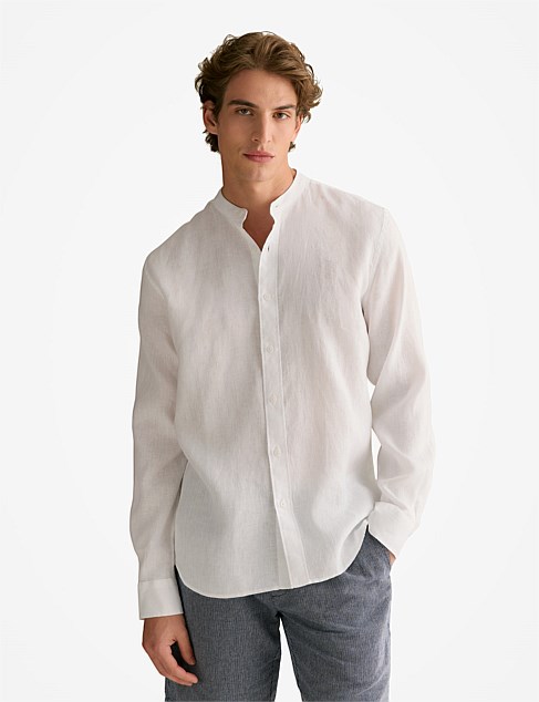 Regular Fit Linen Mandarin Collar Shirt