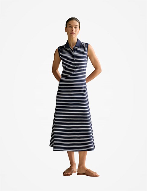 Cotton Pique Stripe Sleeveless Polo Dress