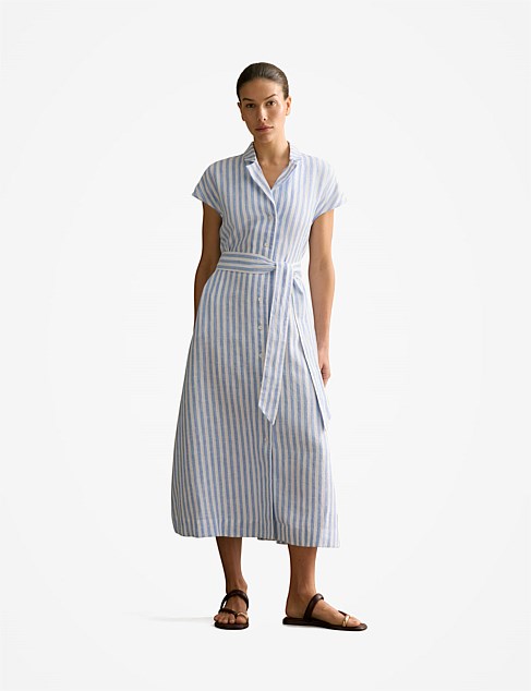 Linen Bengal Stripe Cap Sleeve Shirt Dress