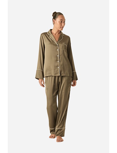 olive silky satin pj set