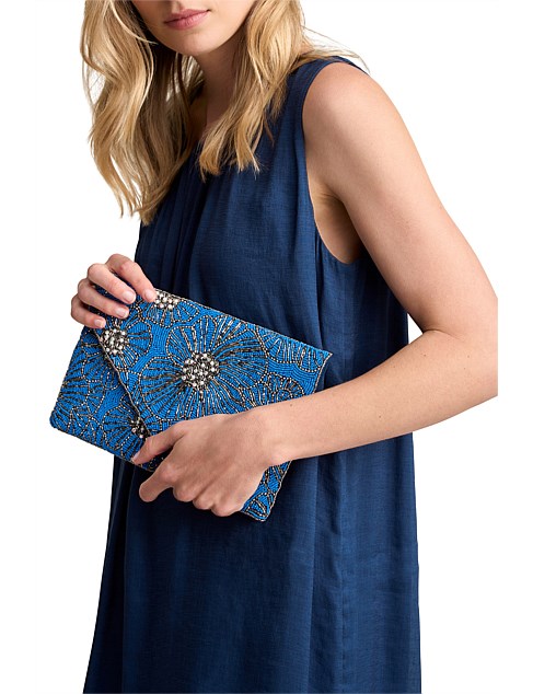 BEADED FLORAL CLUTCH - BLUE/SILVER