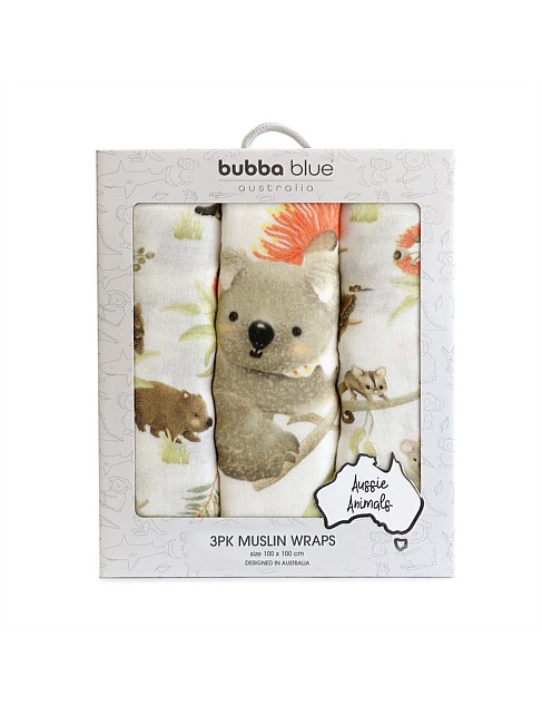 AUSSIE ANIMALS 3PK MUSLIN WRAPS