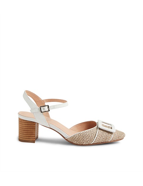 Liona Taupe White Woven Leather Heels