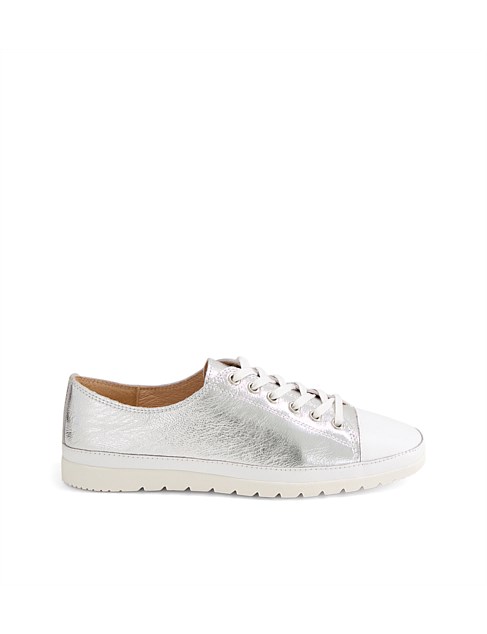 Amitta White Silver Shrunken Leather Lace Up Flats