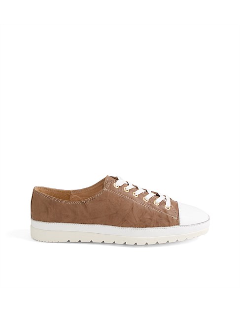 Amitta White Pale Taupe Shrunken Leather Lace Up Flats