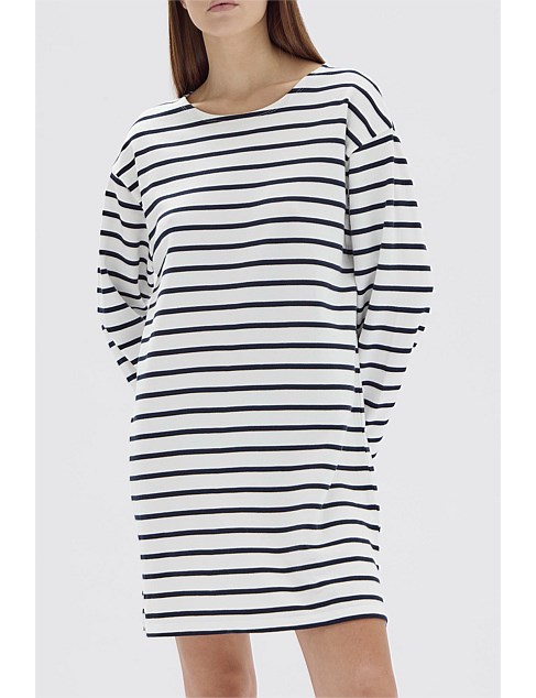 Bateau Long Sleeve Tee Dress True Navy/White